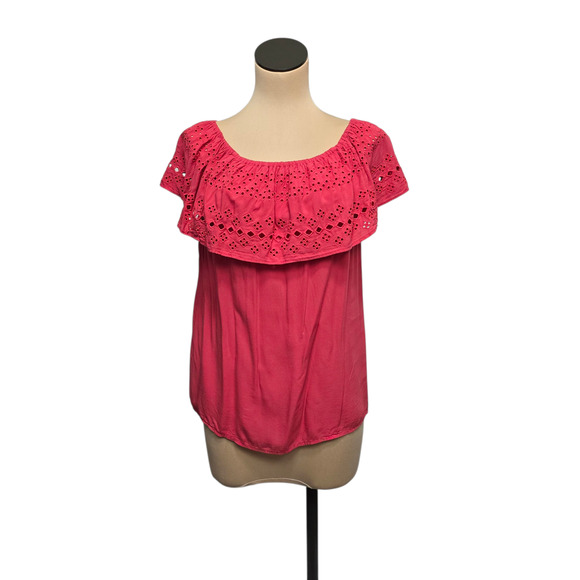 Sanctuary‎ Blouse Womens Medium Pink Eyelet Ruffle Off Shoulder Boho Top Rayon - Picture 1 of 9